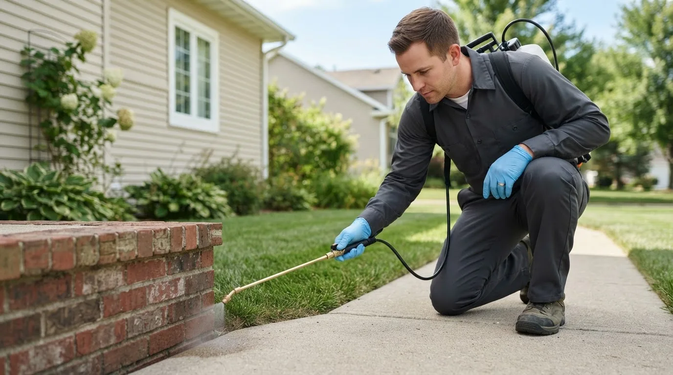 Pest control technician treating a home near Collins Center, NY