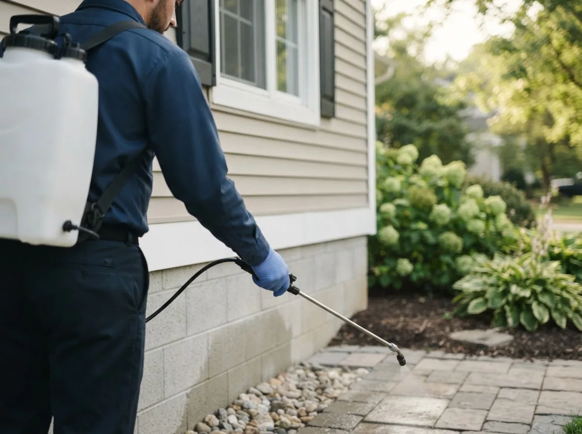 Pest control technician inspecting a home in Collins Center, NY